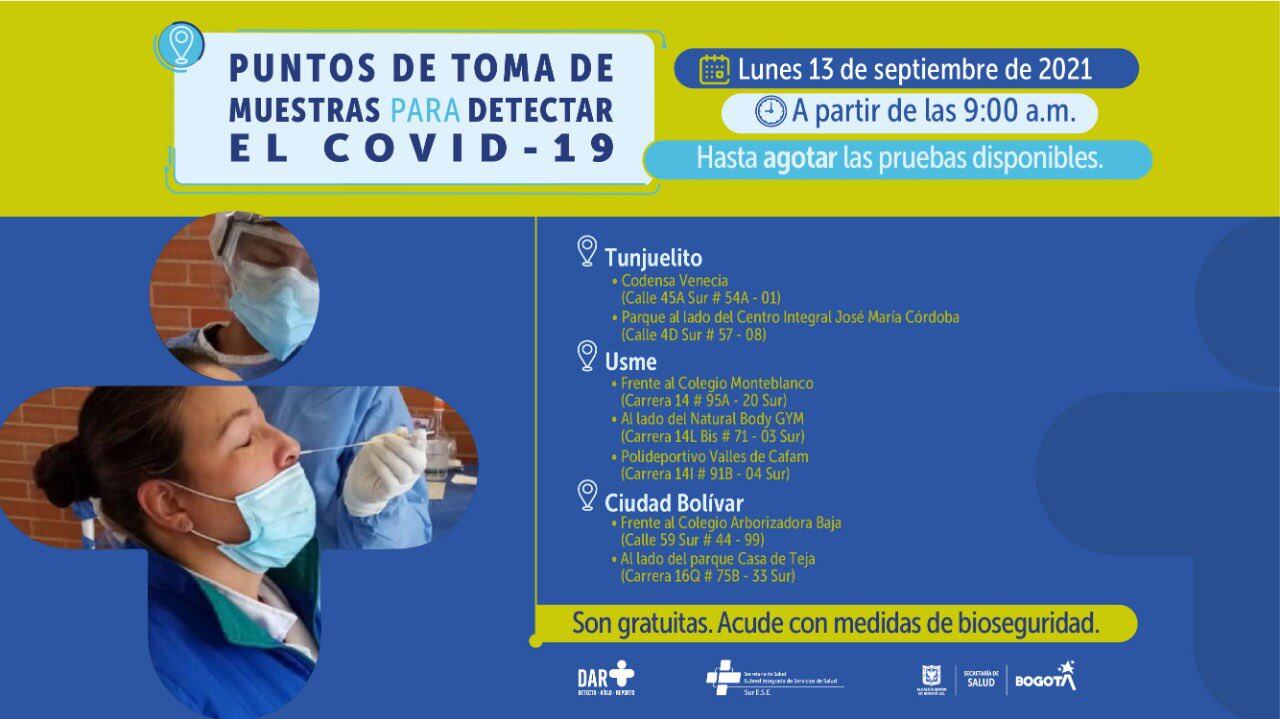 Pruebas gratis de covid 19 hoy lunes 13 de septiembre en Bogotá: estos son los puntos de atención