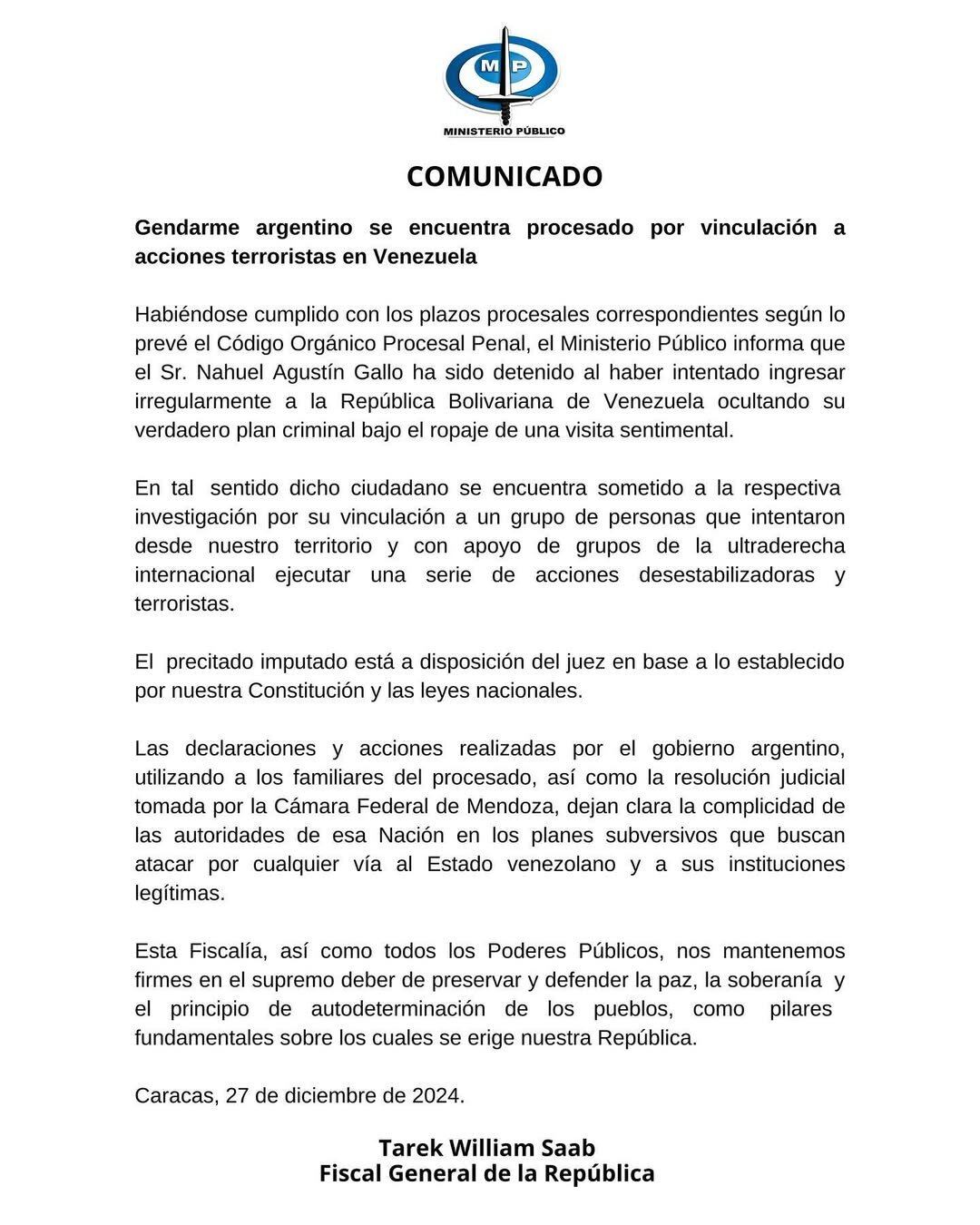 Comunicado emitido por la Fiscalía de Venezuela