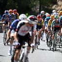 ALTO DE AITANA, SPAIN - AUGUST 30: (L-R) Mads Pedersen of Denmark and Team Lidl - Trek, Jordan Labrosse of France and Team Decathlon CMA CGM and Raul Garcia Pierna of Spain and Movistar Team compete during the La Vuelta - 81st Tour of Spain 2026, Stage 9 a 187.4km stage from Villajoyosa to Alto de Aitana 1544m / #UCIWT / on August 30, 2026 in Alto de Aitana, Spain. (Photo by Tim de Waele/Getty Images)