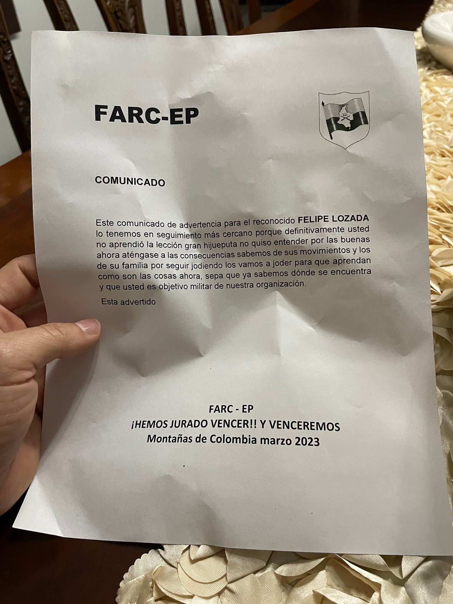 Panfleto de amenaza a Lozada.