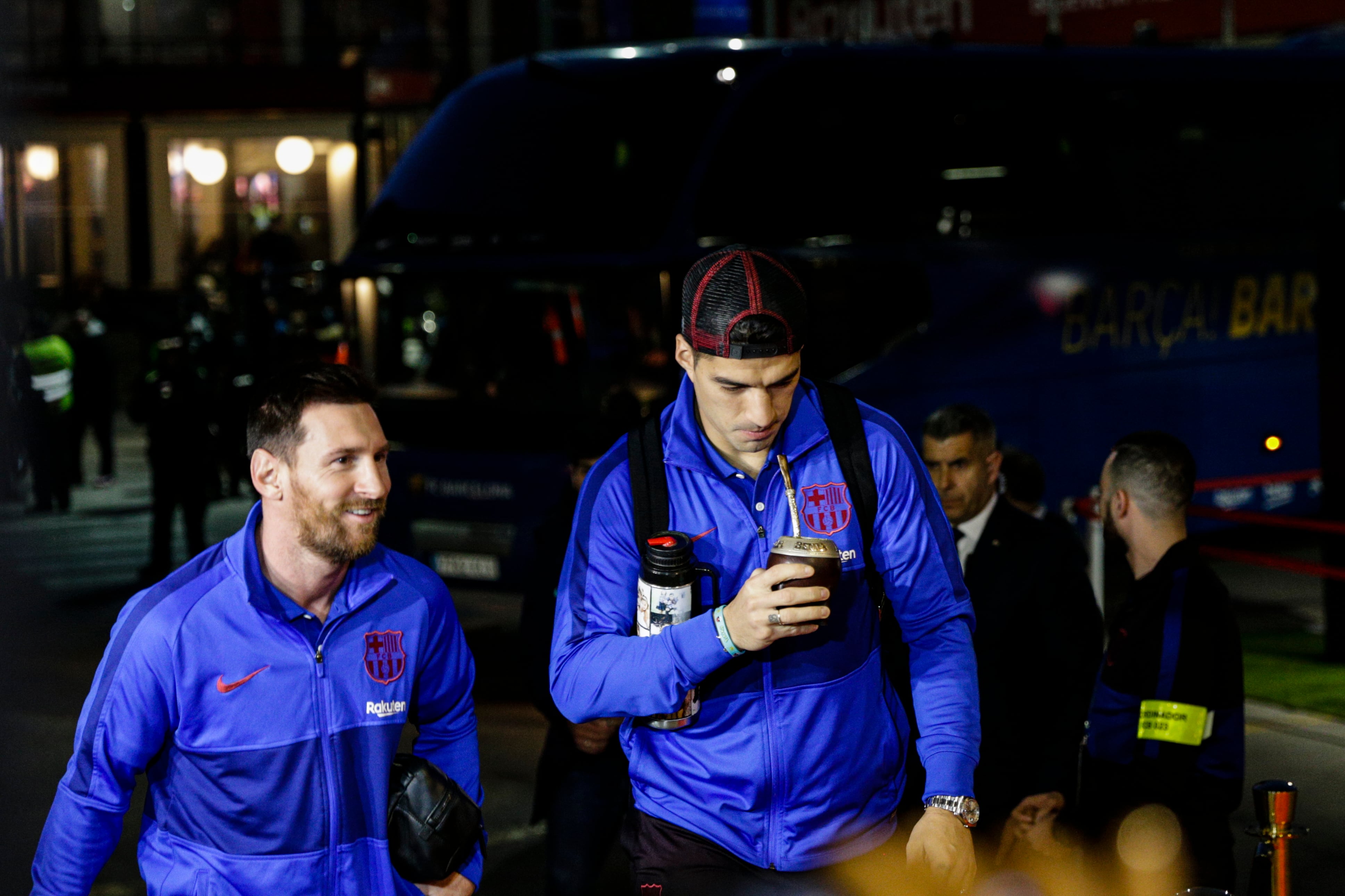 Lionel Messi from Argentina of FC Barcelona and Luis Suarez from Uruguay of FC Barcelona arriving at the Camp Nou Stadium during La Liga match between FC Barcelona and Real Madrid at Camp Nou on December 18, 2019 in Barcelona, Spain.  (Photo by Xavier Bonilla/NurPhoto via Getty Images)