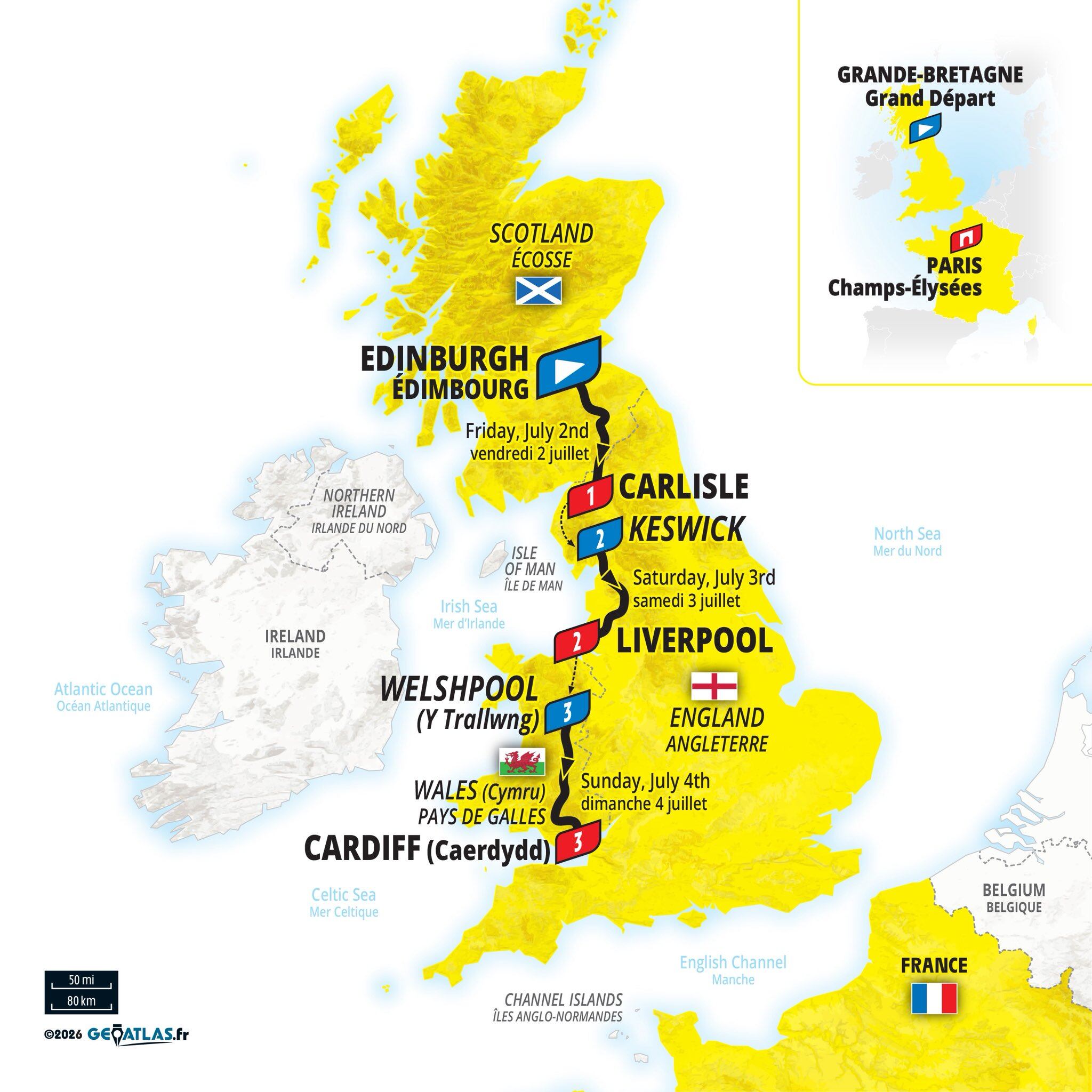 Recorrido de las tres etapas del Tour 2027 por el Reino Unido.