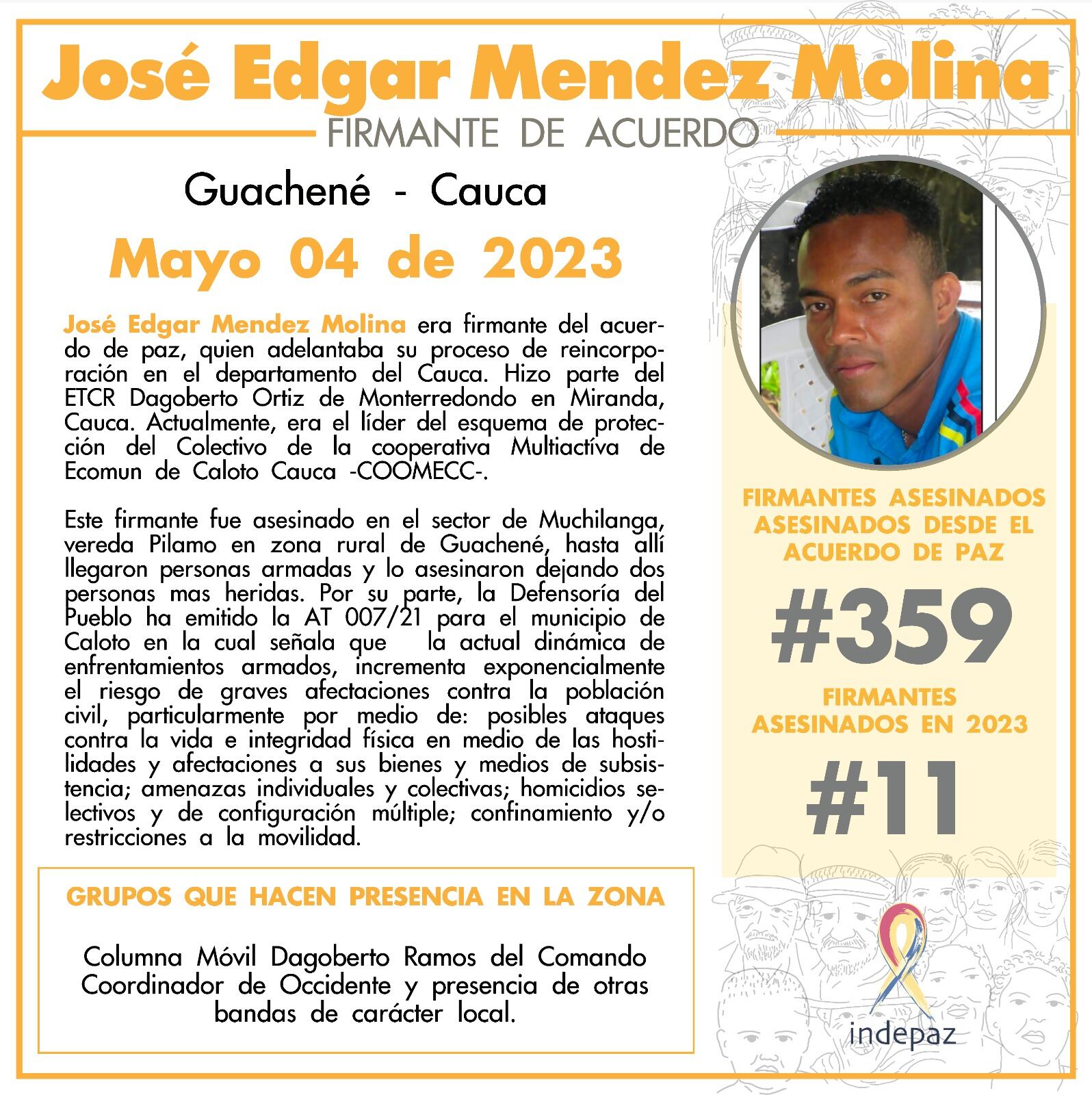 Firmante del acuerdo de paz fue asesinado en el Cauca.