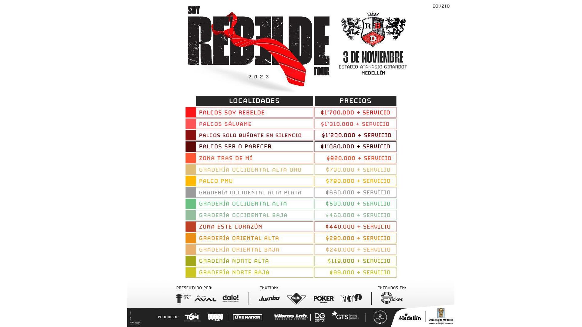 Precios de las boletas de RBD en Medellín