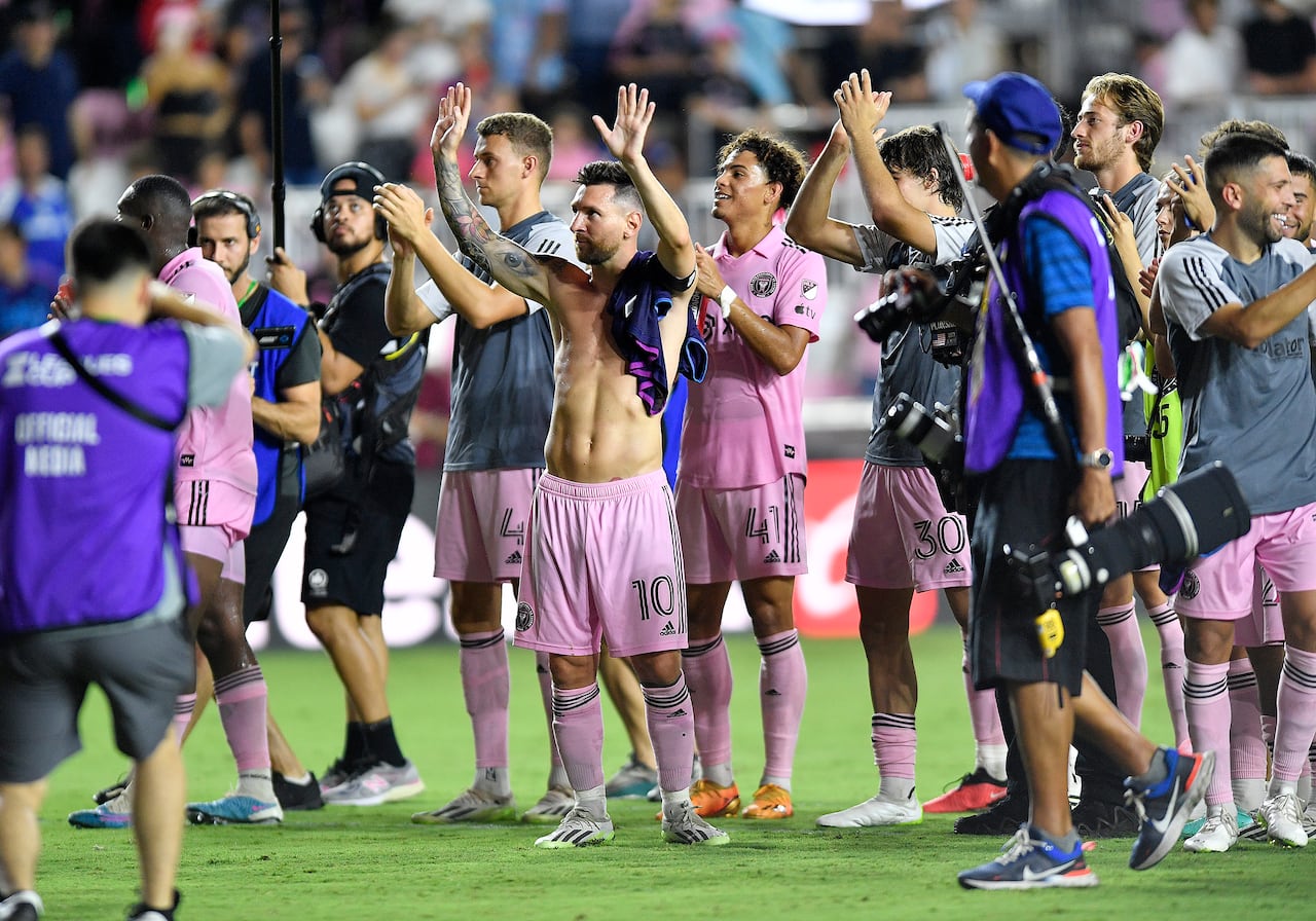 Inter Miami forward Lionel Messi (10) thanks the fans after the team's 4-0 win over Charlotte FC in a Leagues Cup soccer match Friday, Aug. 11, 2023, in Fort Lauderdale, Fla. (AP Photo/Michael Laughlin)