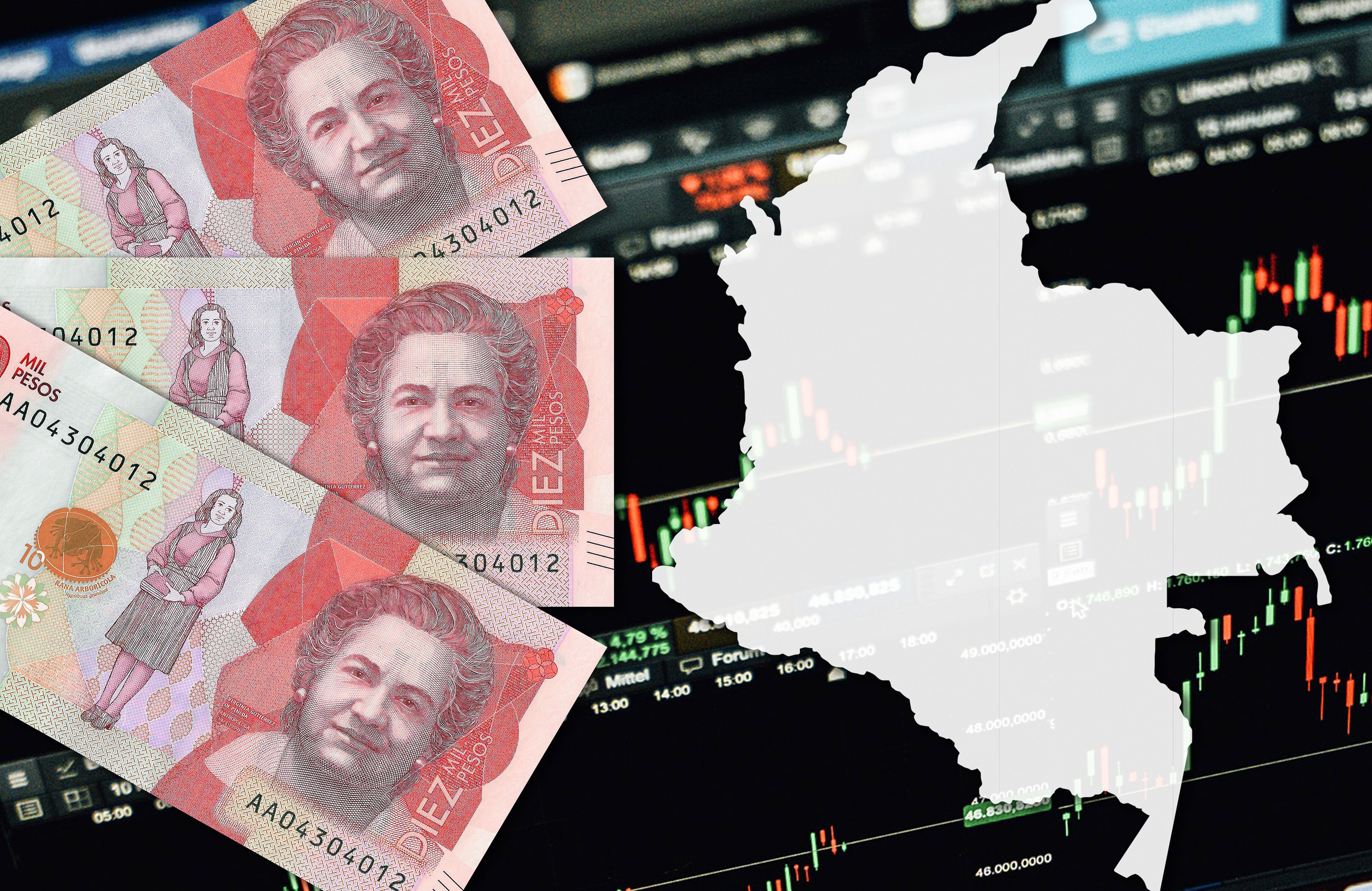 Bills of 10,000 Colombian pesos in cash, map of Colombia and stock market indicators (money, business, inflation, success, crisis, markets)