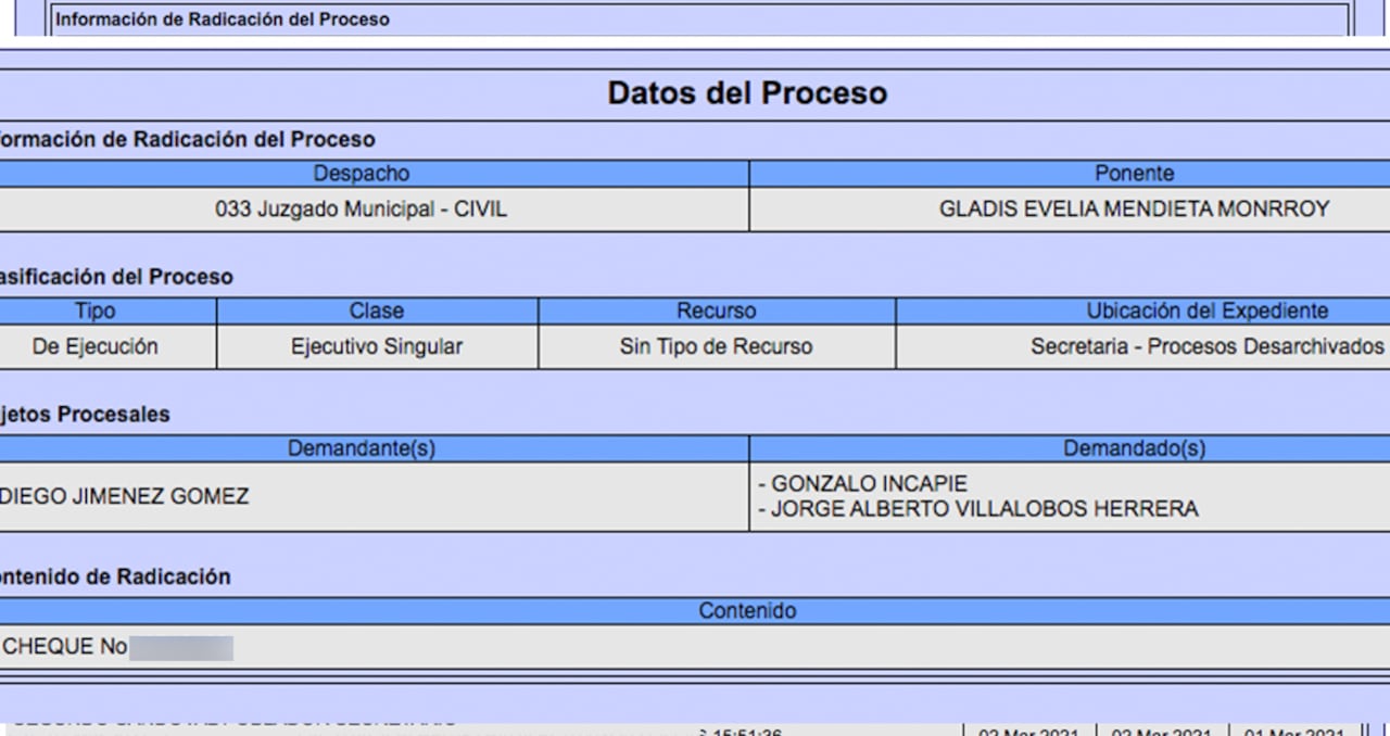 A Jorge Villalobos también le aparecen otros procesos en juzgados civiles, entre otros por falta de pago de cheques.