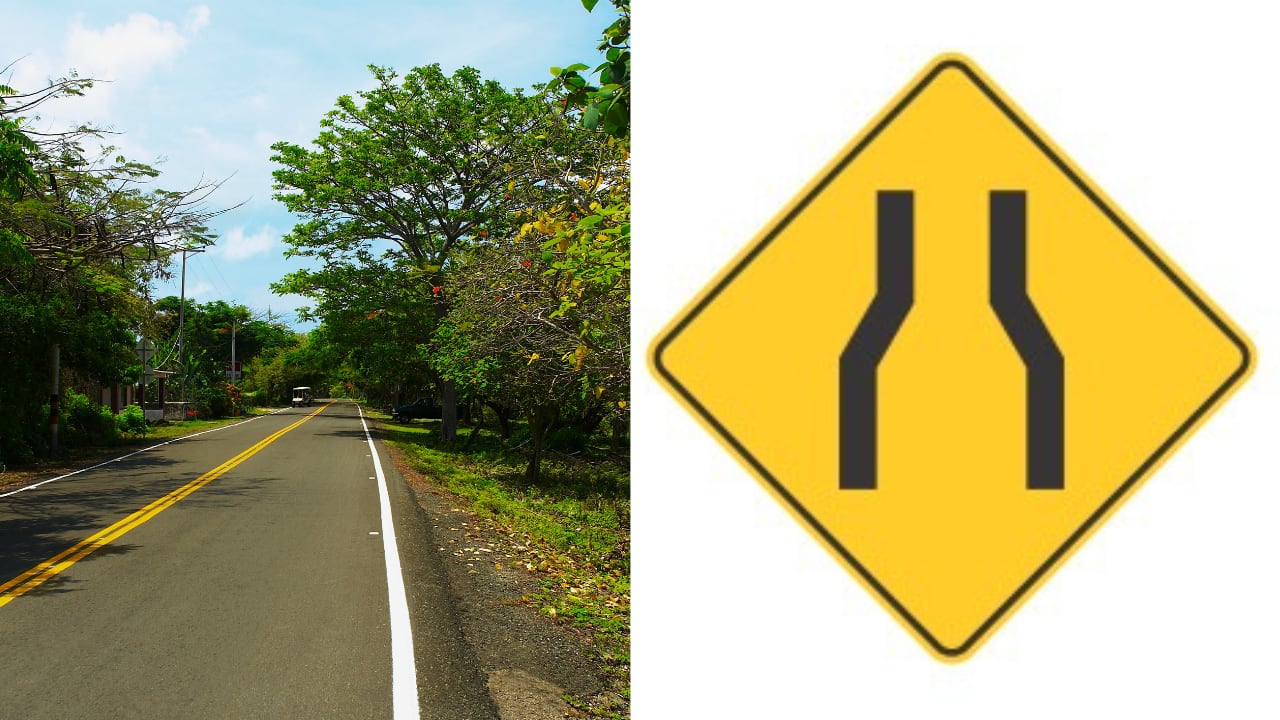 La reducción simétrica de la calzada es una señal preventiva utilizada en zonas donde la vía se estrecha o disminuye el número de carriles.