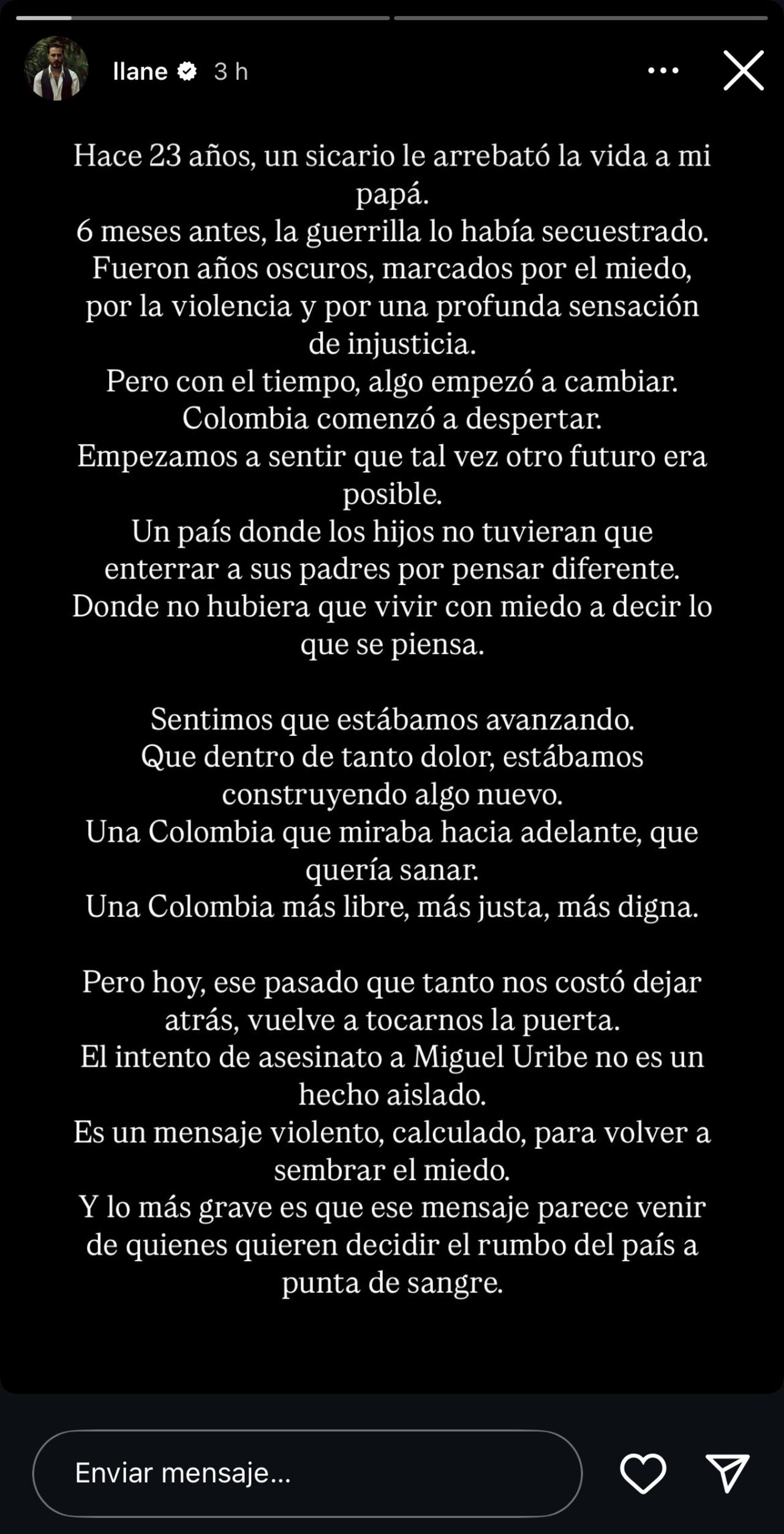 Llane, exintegrante de Piso 21, se pronunció por atentado de Miguel Uribe Turbay.