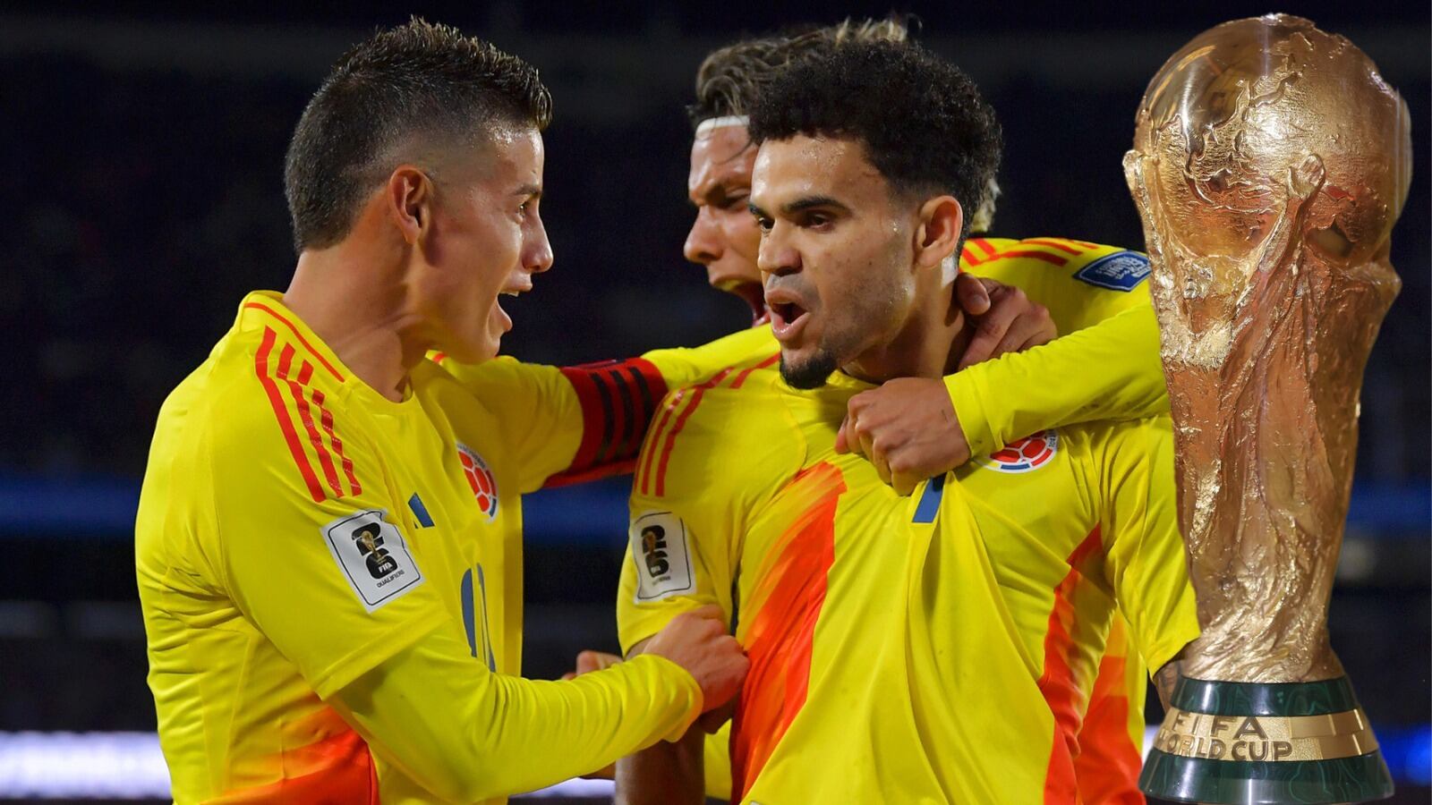 Jugadores de la Selección Colombia junto a la Copa del Mundo.