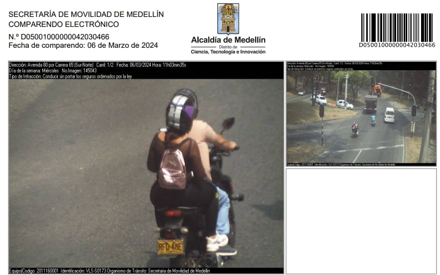 Fotomulta de una moto de placa "gemeliada" en Medellín, según denuncia de Carlos Hernando López Pulido.