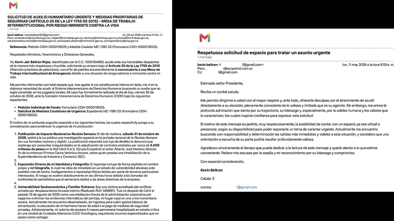 Correos enviados por Kevin Beltrán a entidades del Gobierno y directivos de Ecopetrol, en los que solicita protección urgente y un espacio para exponer su situación ante presuntas amenazas y riesgos contra su vida.