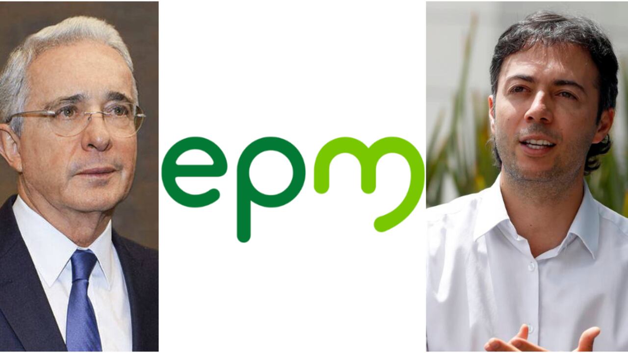 El expresidente Álvaro Uribe. logo de EPM y Daniel Quintero, alcalde de Medellín