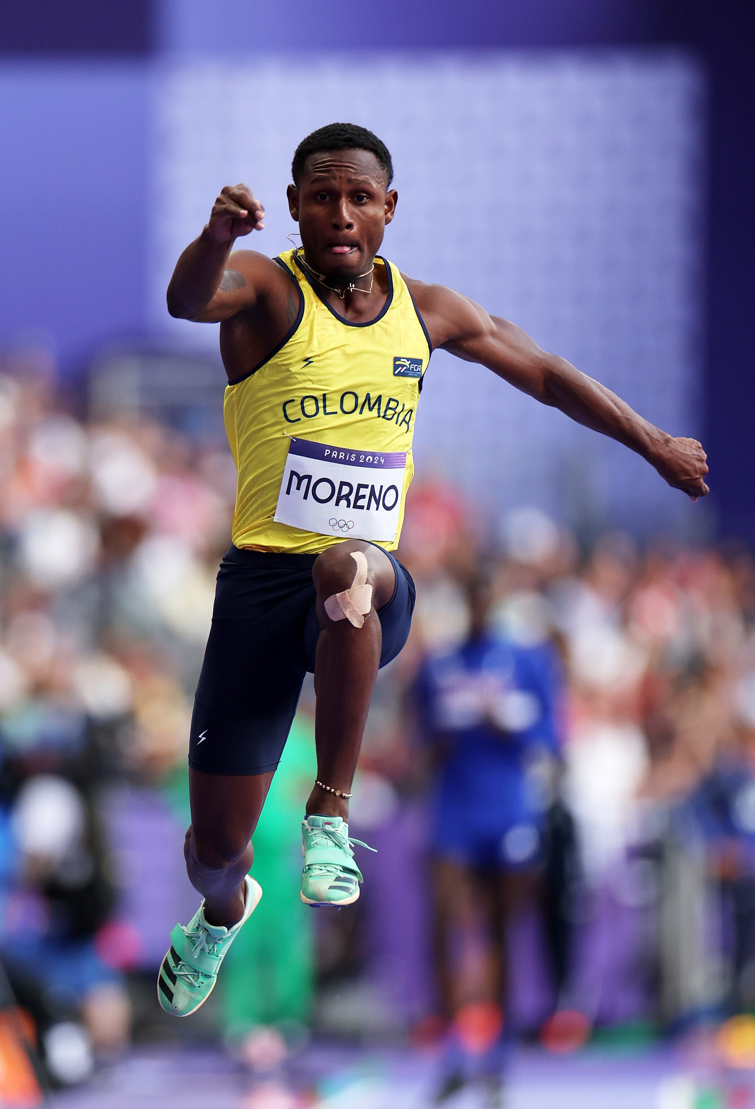PARIS, FRANCE - AUGUST 07: Geiner Moreno of Team Colombia competes in the Men's Triple Jump Qualification on day twelve of the Olympic Games Paris 2024 at Stade de France on August 07, 2024 in Paris, France. (Photo by Cameron Spencer/Getty Images)