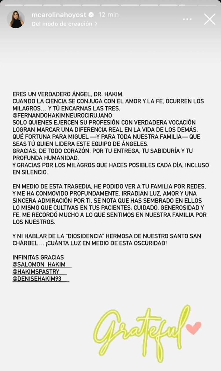 Mensaje de María Carolina Hoyos al médico Fernando Hakim.