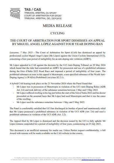 Resolución del TAS, del 7 de mayo de 2025, sobre el caso de Miguel Ángel López