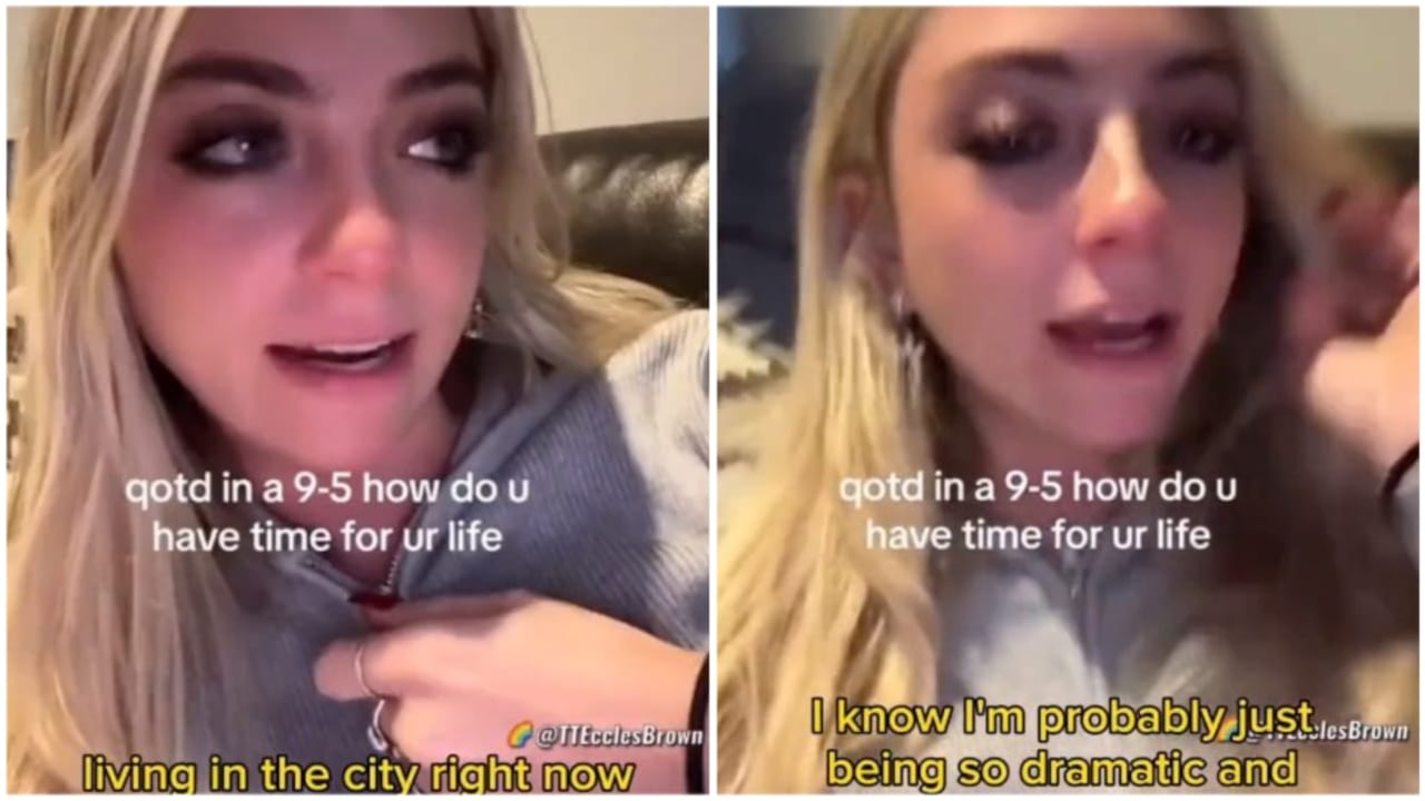 Mujer llora porque debe trabajar durante ocho horas diarias.