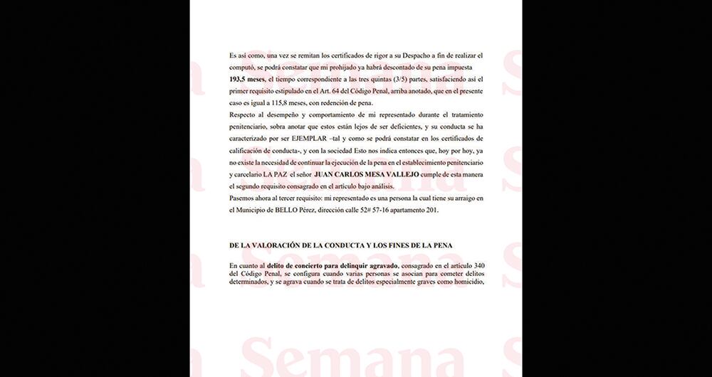 Solicitud de la libertad condicional de Juan Carlos Mesa Vallejo, alias Tom, ante un juzgado de la capital de Antioquia.