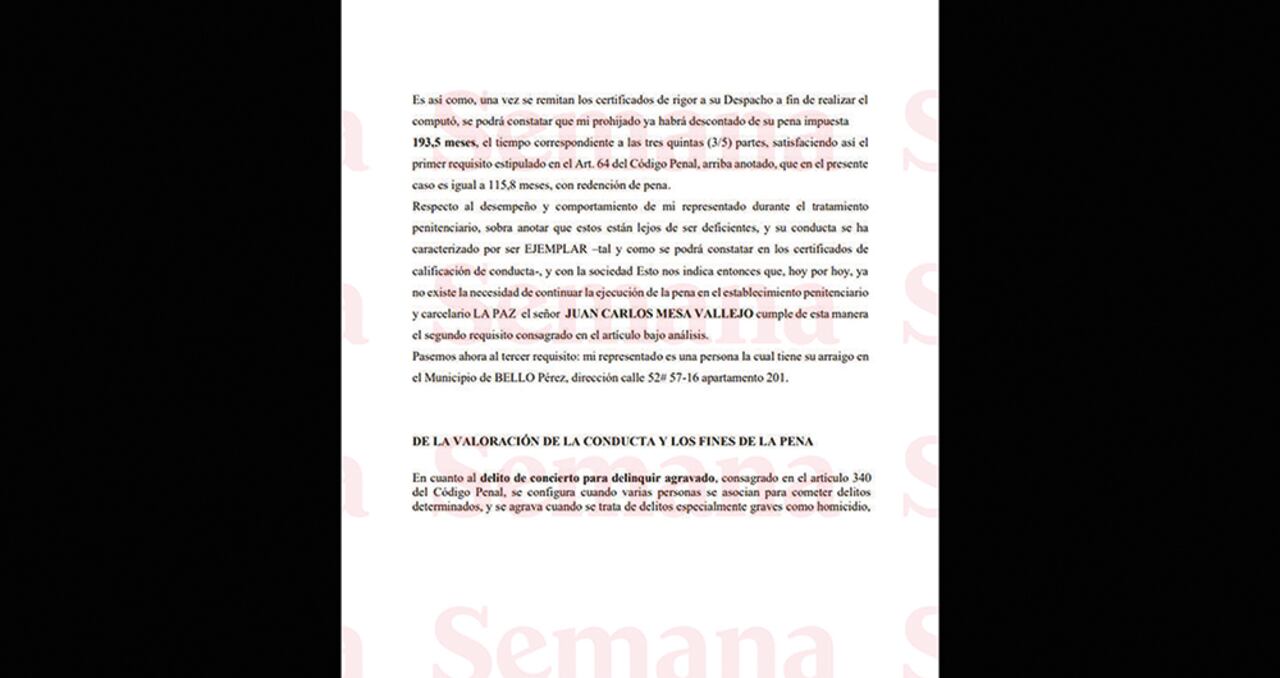 Solicitud de la libertad condicional de Juan Carlos Mesa Vallejo, alias Tom, ante un juzgado de la capital de Antioquia.