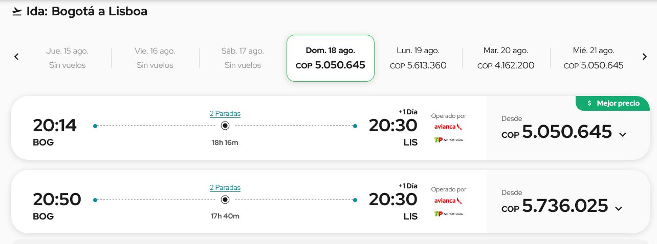 De Bogotá a Lisboa desde el 18 de agosto de 2024