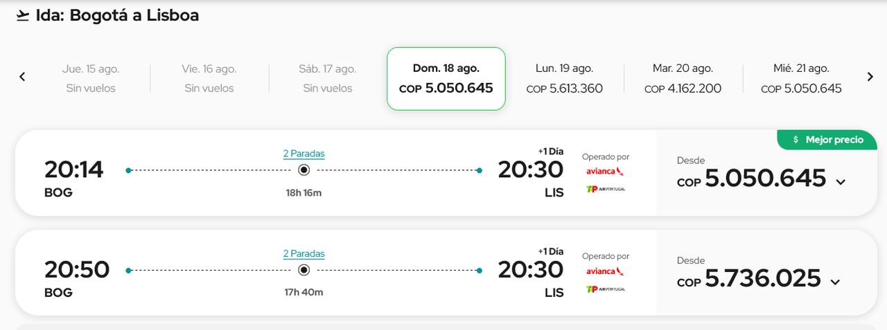 De Bogotá a Lisboa desde el 18 de agosto de 2024