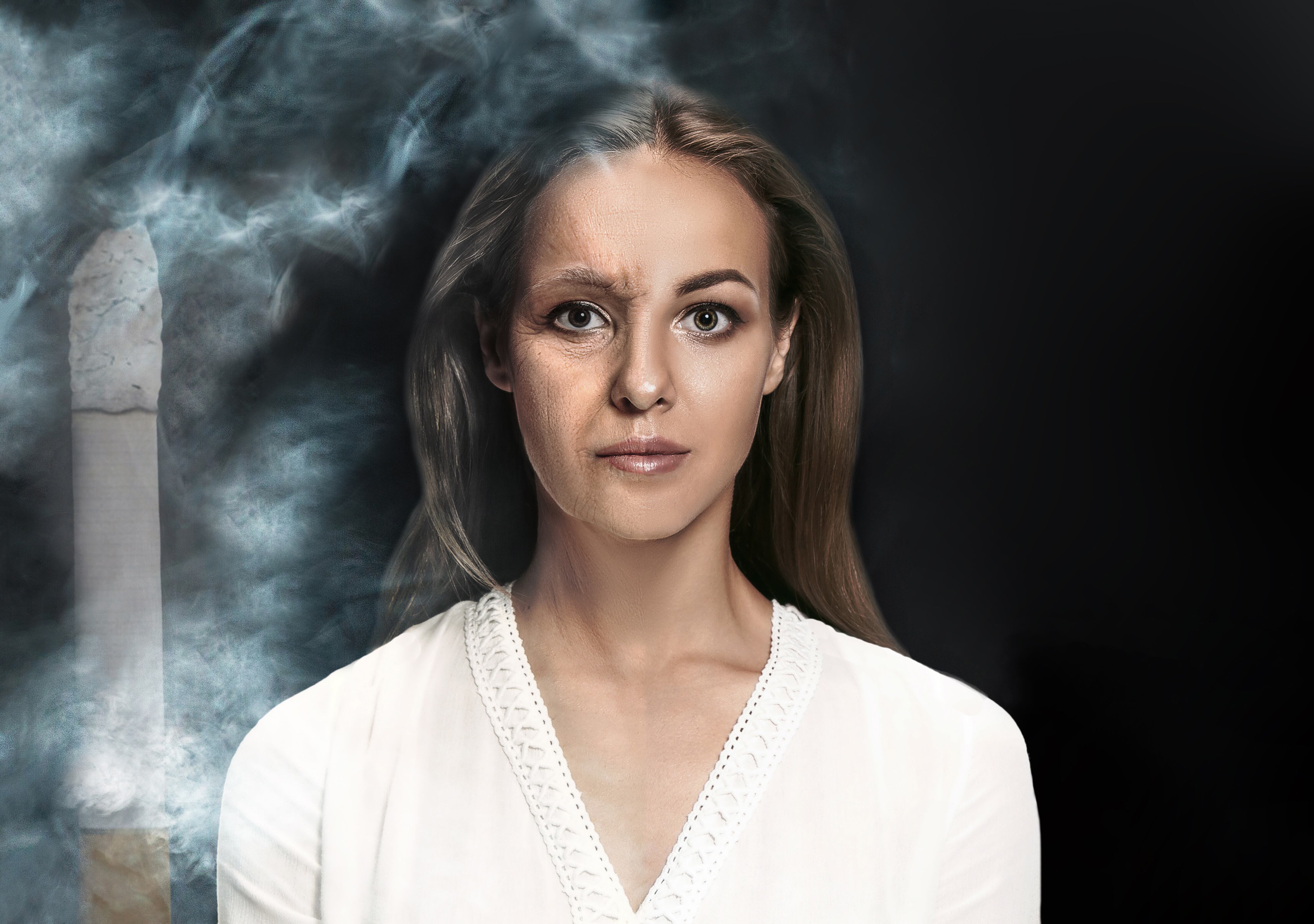 Daños por fumar, cigarrillo, dejar de fumar, cuidado de la piel, arrugas, envejecimiento, manchas en la piel, pecas, mujer, nicotina.