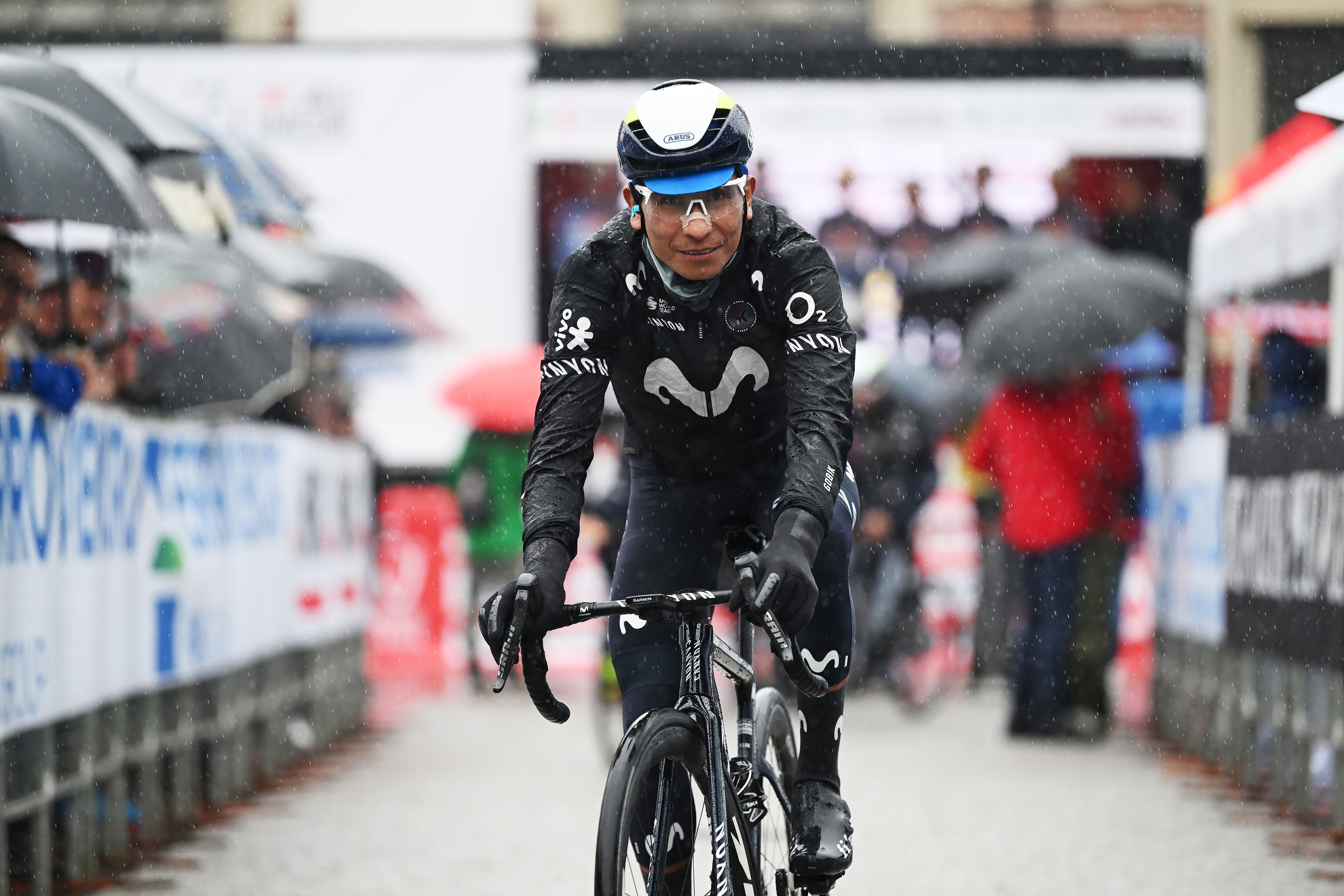 BUSTO ARSIZIO, ITALY - OCTOBER 08: Nairo Quintana of Colombia and Movistar Team competes prior to the 103rd Tre Valli Varesine 2024 a 200.33km one day race from Busto Arsizio to Varese 377m on October 08, 2024 in Busto Arsizio, Italy. (Photo by Dario Belingheri/Getty Images)