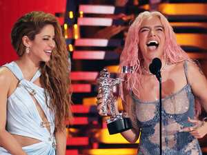 NEWARK, NEW JERSEY - SEPTEMBER 12: (L-R) Shakira and Karol G accept the Best Collaboration award for "TQG" onstage at the 2023 MTV Video Music Awards on September 12, 2023 in Newark, New Jersey. (Photo by Dia Dipasupil/Getty Images)