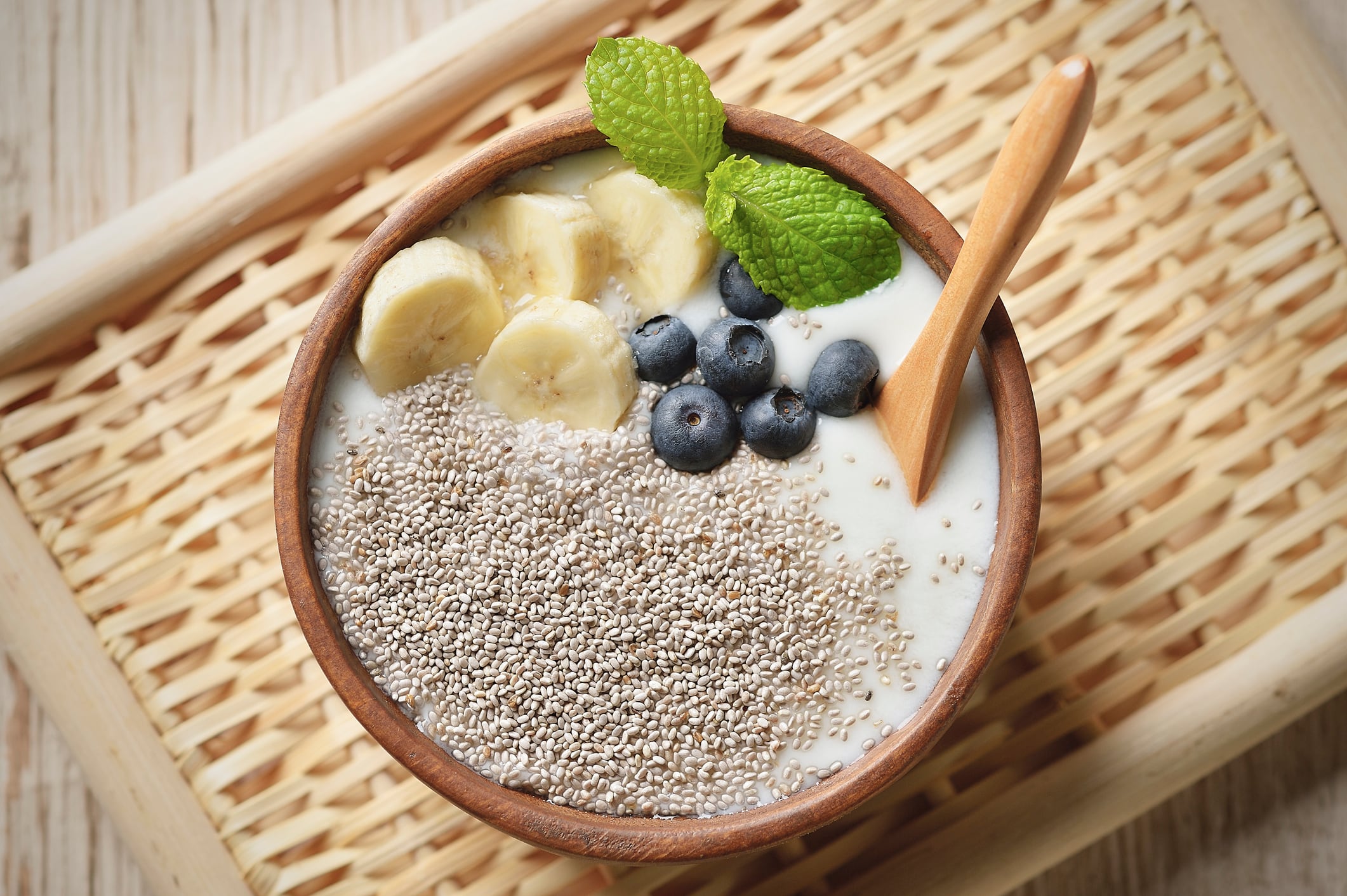 Raw chia seed, banana, blueberry and mint are topping to yogurt,Super food