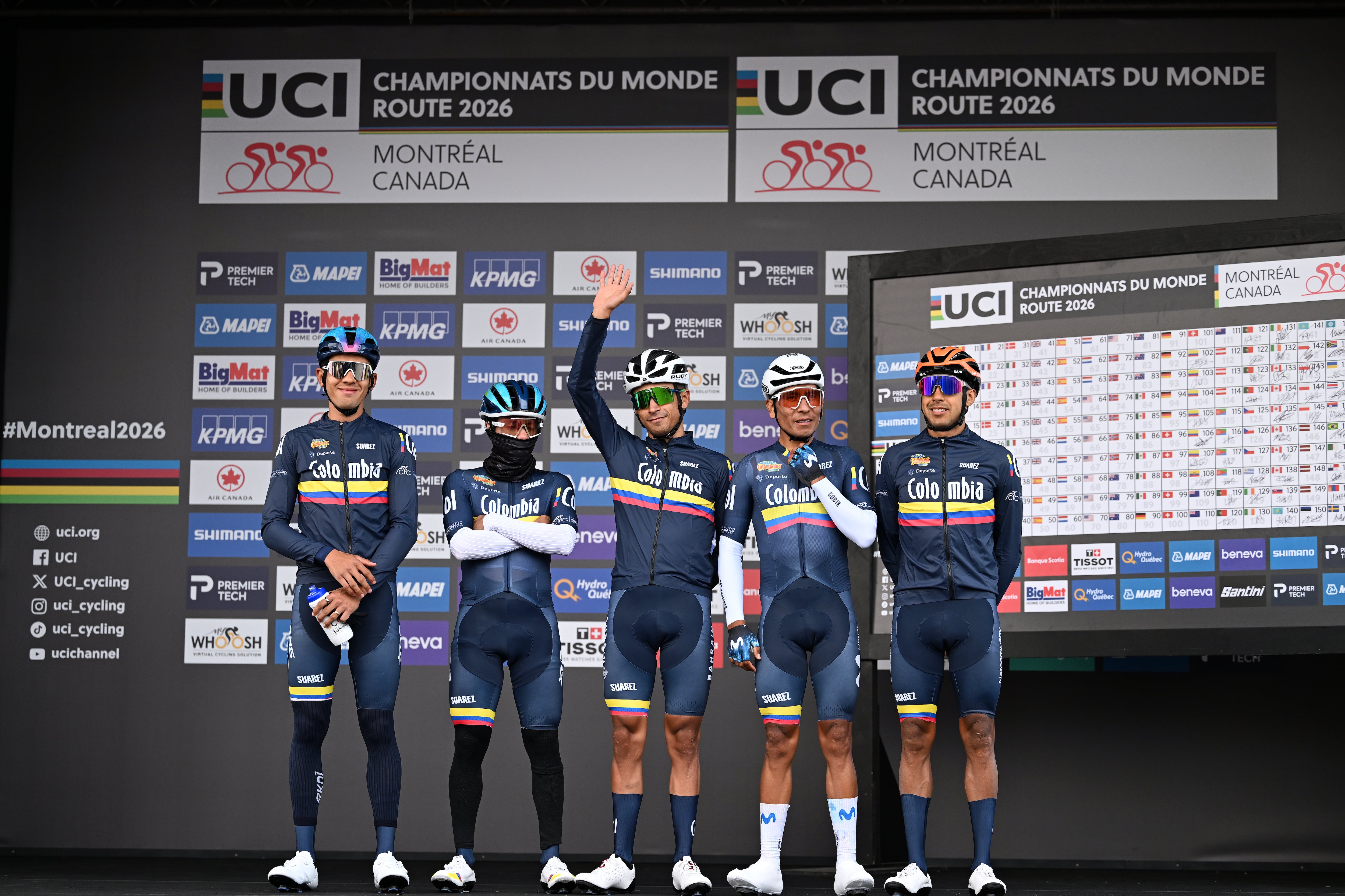 BROSSARD, QUEBEC - SEPTEMBER 27: Santiago Buitrago, Sergio Higuita, Wilmar Paredes, Nairo Quintana, Brandon Rivera, Harold Tejada and Team Colombia prior to the 99th UCI Road World Championships Montreal 2026 - Men Elite Road Race a 273.4km one day race from Brossard to Montreal on September 27, 2026 in Brossard, Quebec. (Photo by Tim de Waele/Getty Images)