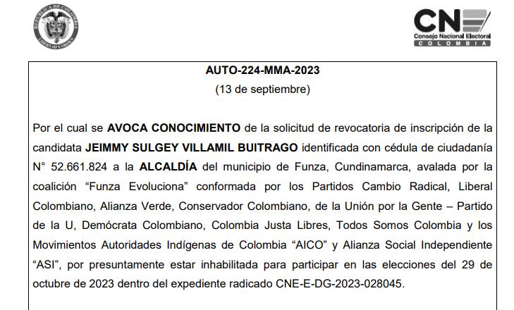 Solicitud revocatoria Jeimmy Villamil, candidata a la Alcaldía de Funza.