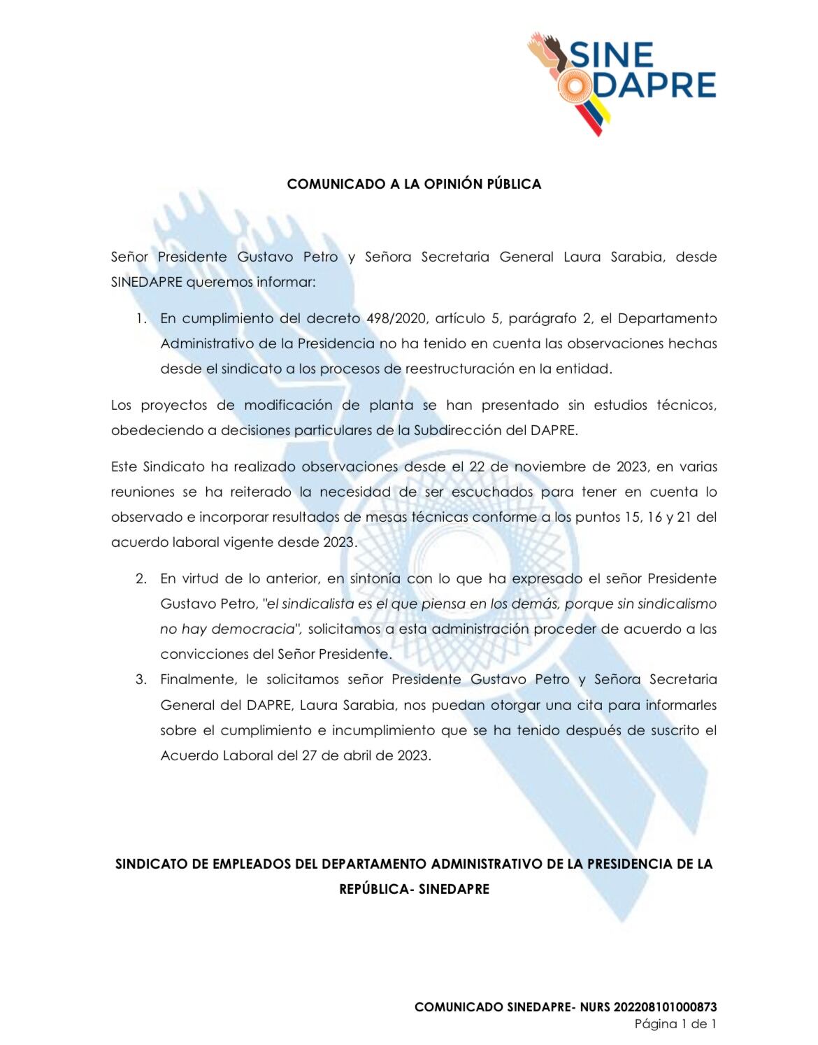 Comunicado sindicato Dapre