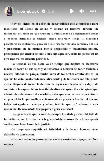 Comunicado Hiba Abouk. Instagram: @hiba_abouk_