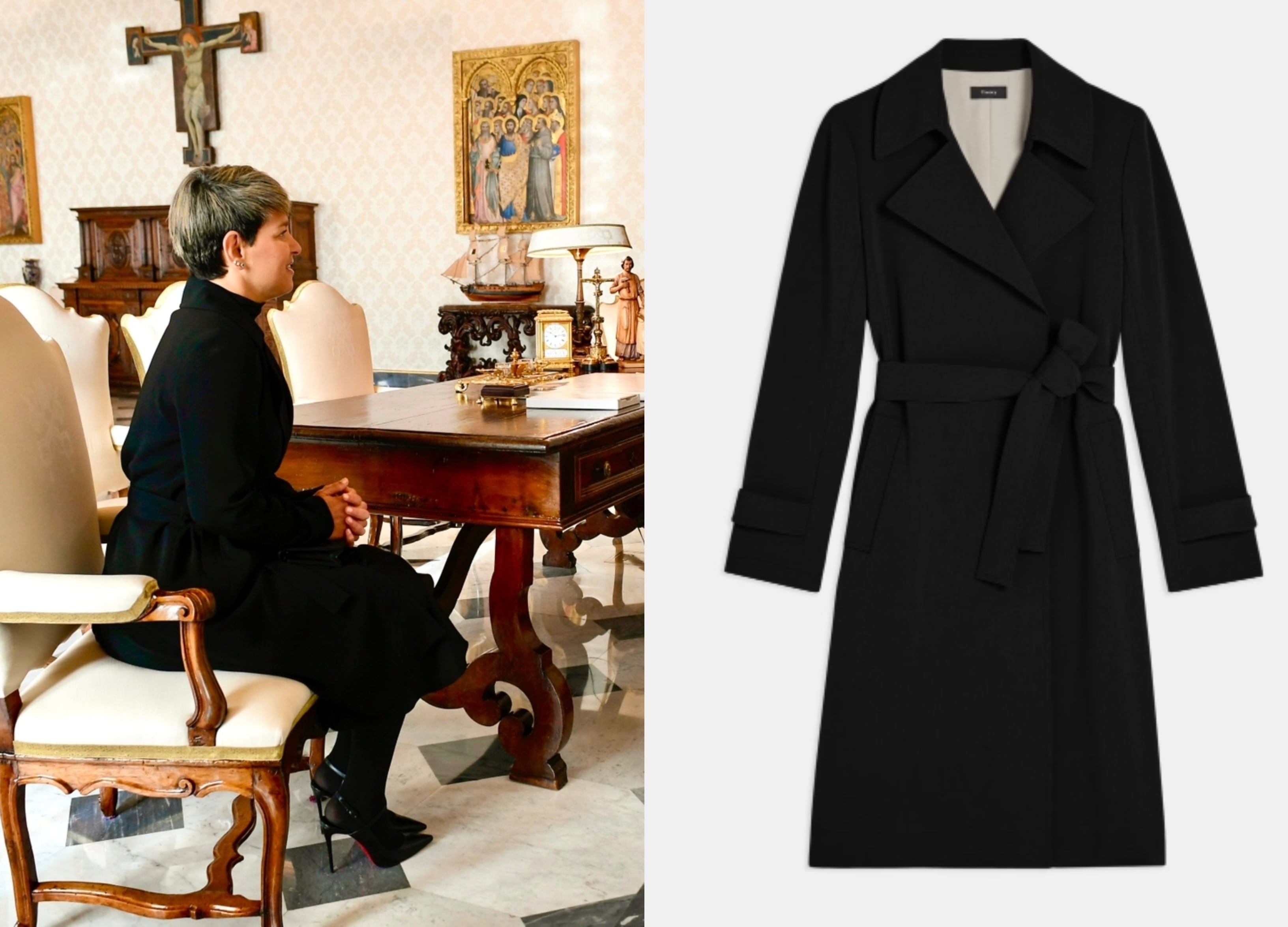 La gabardina usada por Verónica Alcocer durante su encuentro con el papa Francisco es similar a la de la marca Theory, cuyo valor supera los 3 millones de pesos.