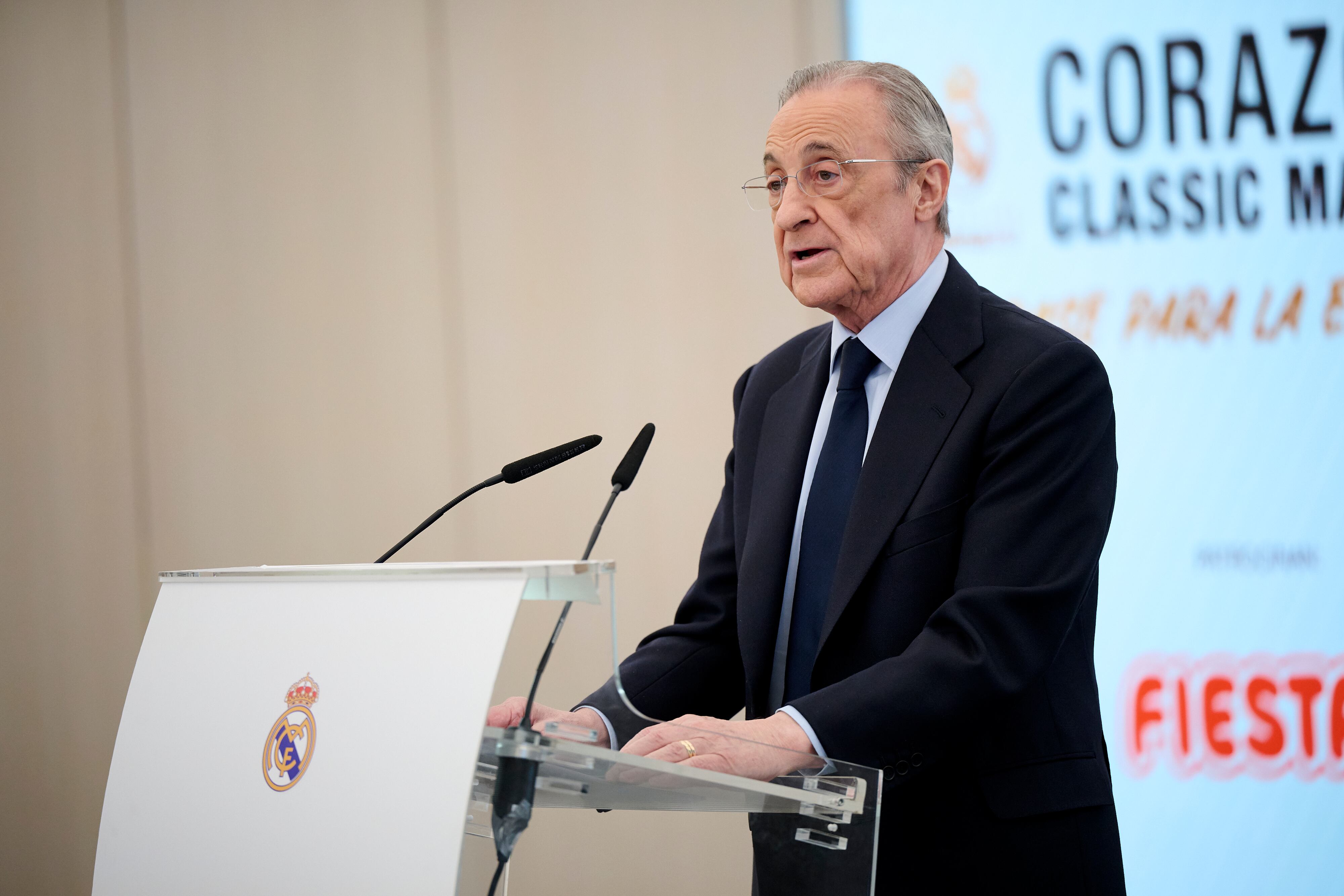 MADRID, SPAIN - MARCH 19: President of Real Madrid Florentino Pérez during the press conference to present "Corazon Classic Match 2025: Un Pase Para La Esperanza" at Estadio Santiago Bernabeu on March 19, 2025 in Madrid, Spain. (Photo by Borja B. Hojas/Getty Images)