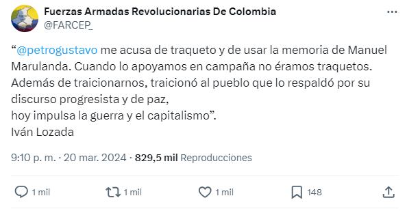 Trino de alias Iván Mordisco contra el presidente Gustavo Petro
