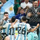Argentina's Lionel Messi celebrates after scoring the first goal during the World Cup group C soccer match between Argentina and Mexico, at the Lusail Stadium in Lusail, Qatar, Saturday, Nov. 26, 2022. (AP Photo/Hassan Ammar)