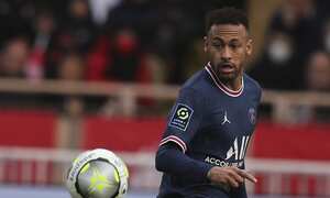 PSG's Neymar eyes the ball during the French League One soccer match between Monaco and Paris Saint-Germain at the Stade Louis II in Monaco, Sunday, March 20, 2022. (AP Photo/Daniel Cole)