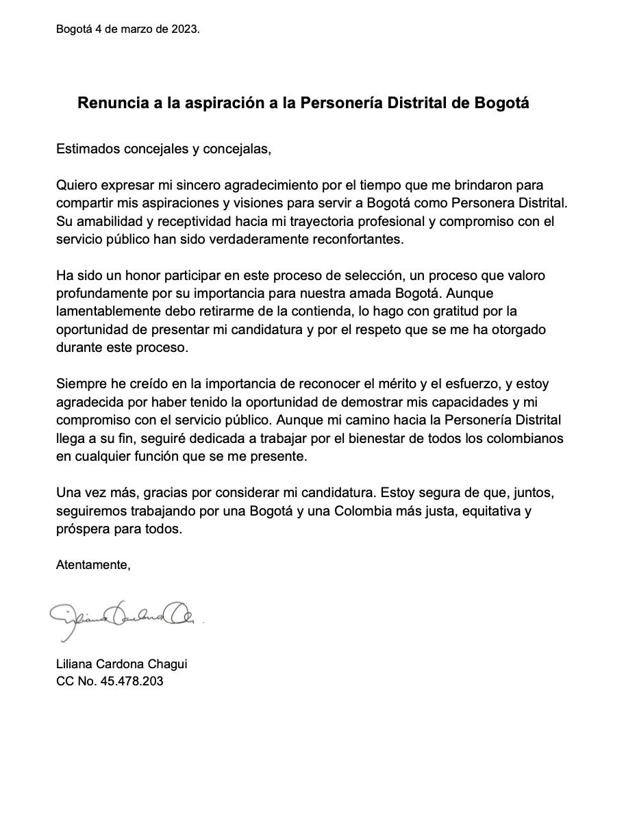 Renuncia de Liliana Cardona.