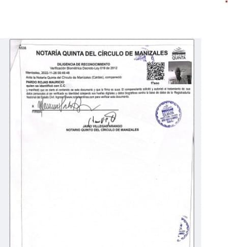 Declaración autenticada por el fotógrafo Mauricio Pardo señalando que la foto que le tomó a Adriana Martínez Dogirama se usó para el billete sin su consentimiento. Su número de documento se borró por privacidad de la persona