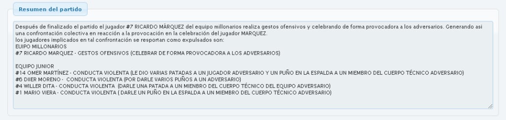 Reporte arbitral - Millonarios vs. Junior. Foto: Captura de pantalla.
