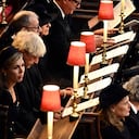 Former British Prime Ministers from left, Boris Johnson and his wife Carrie, Theresa May and her husband Philip, David Cameron and his wife Samantha, front row, Gordon Brown and his wife Sarah, Tony Blair and his wife Cherie and John Major and his wife Norma attend the funeral service of Queen Elizabeth II at Westminster Abbey in central London, Monday Sept. 19, 2022. The Queen, who died aged 96 on Sept. 8, will be buried at Windsor alongside her late husband, Prince Philip, who died last year. (Ben Stansall/Pool via AP)