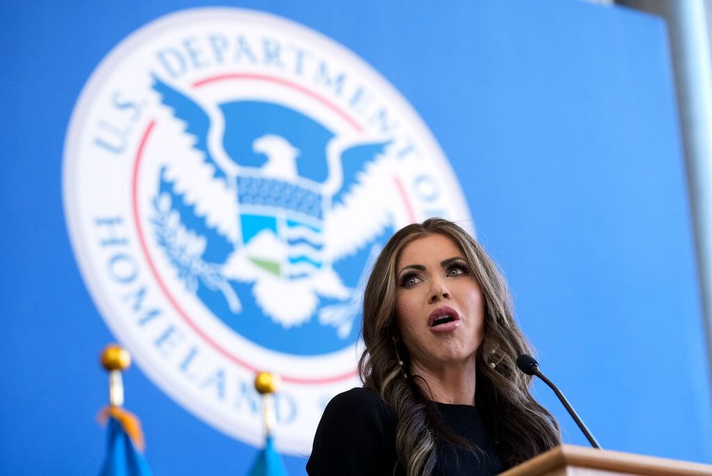 WASHINGTON, DC - JANUARY 28: U.S. Homeland Security Secretary Kristi Noem delivers remarks to staff at the Department of Homeland Security headquarters on January 28, 2025 in Washington, DC. Former South Dakota Governor and Trump ally, Noem will oversee immigration, counterterrorism, and FEMA, which President Trump recently suggested could be disbanded. (Photo by Manuel Balce Ceneta-Pool/Getty Images)