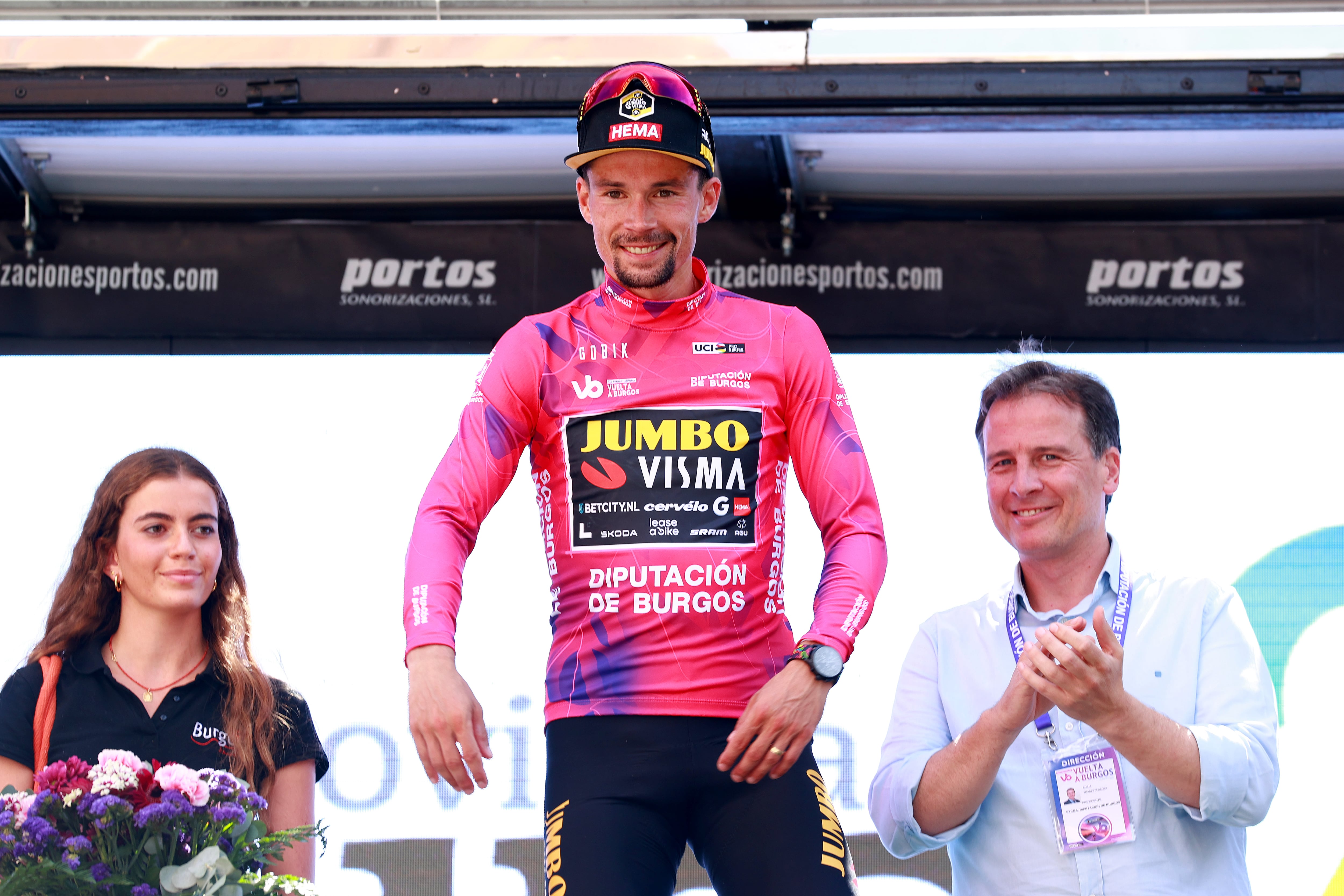 VILLARCAYO, SPAIN - AUGUST 17: Primož Roglic of Slovenia and Team Jumbo-Visma celebrates at podium as Purple Leader Jersey winner during the 45th Vuelta a Burgos 2023, Stage 3 a 183km stage from Sargentes de la Lora to Villarcayo on August 17, 2023 in Villarcayo, Spain. (Photo by Gonzalo Arroyo Moreno/Getty Images)