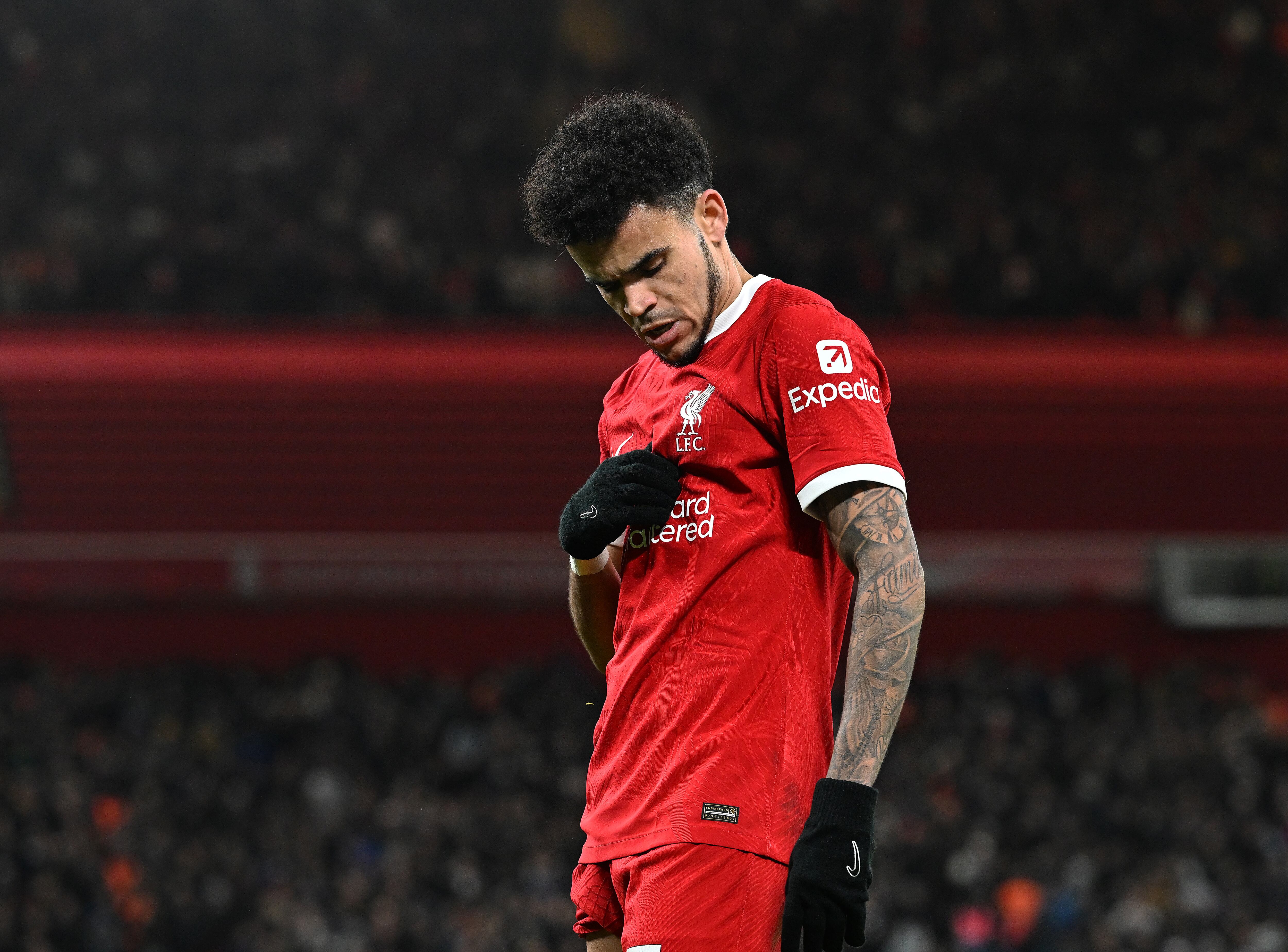 LIVERPOOL, ENGLAND - JANUARY 31: (THE SUN OUT. THE SUN ON SUNDAY OUT) Luis Diaz of Liverpool celebrates after scoring the fourth Liverpool goal during the Premier League match between Liverpool FC and Chelsea FC at Anfield on January 31, 2024 in Liverpool, England. (Photo by John Powell/Liverpool FC via Getty Images)