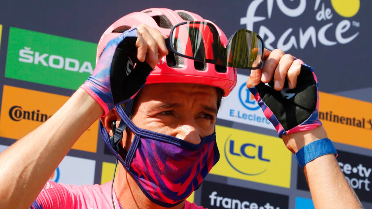 Colombia's Rigoberto Uran adjusts his sunglasses as he arrives for the start of the 17th stage of the Tour de France cycling race over 170 kilometers from Grenoble to Meribel Col de la Loze, Wednesday, Sept. 16, 2020. (AP Photo/Christophe Ena, Pool)