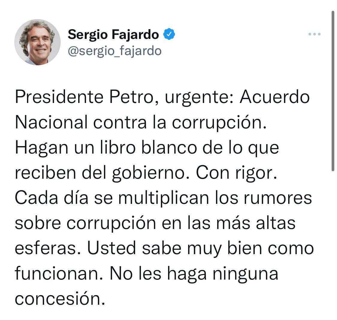 “Acuerdo nacional contra la corrupción”: primera petición de Sergio Fajardo al presidente electo Gustavo Petro