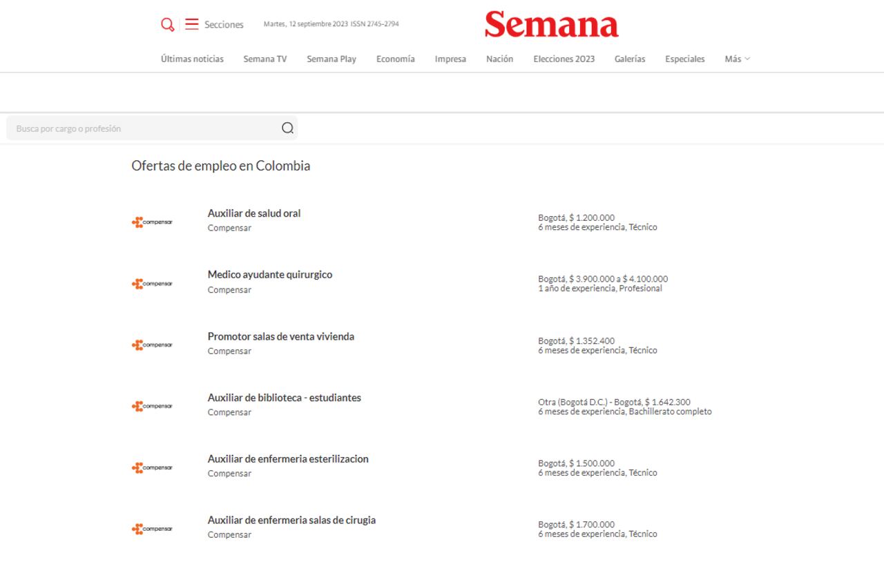 Ofertas laborales de Compensar en Semana.com