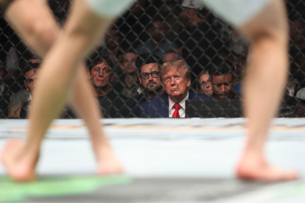 LAS VEGAS, NEVADA - DECEMBER 16: Republican presidential candidate and former U.S. President Donald Trump watches the flyweight title fight between Brandon Royval of the United States and Alexandre Pantoja of Brazil during the UFC 296: Edwards vs. Covington event at T-Mobile Arena on December 16, 2023 in Las Vegas, Nevada. (Photo by Sean M. Haffey/Getty Images)