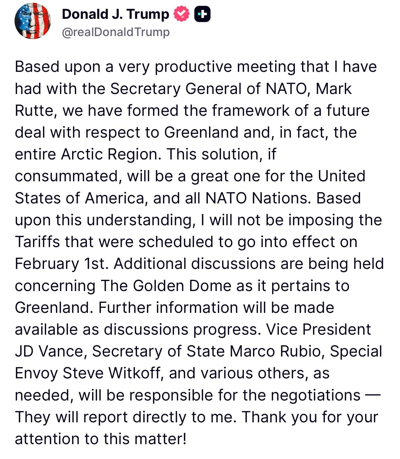 Mensaje de Trump en sus redes sociales